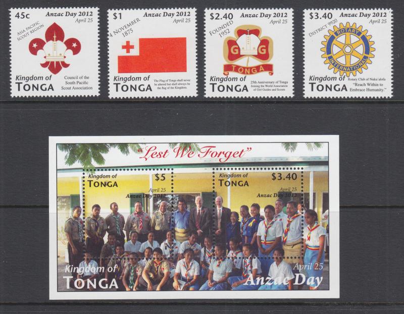 Tonga Sc 1180-1184 MNH. 2012 ANZAC Day, cplt set including souvenir sheet, VF+