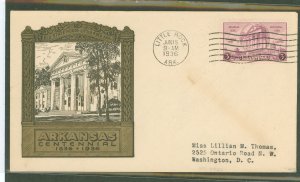 US 782 1936 3c Arkansas Centennial (single) on an addressed (typed) FDC with an unknown cachet and a Little Rock AR cancel