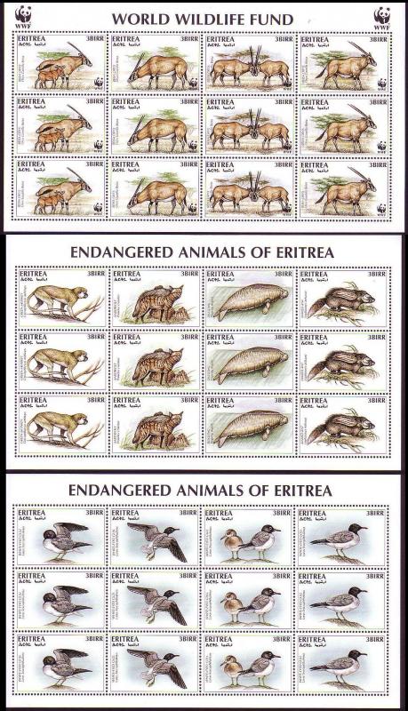 Eritrea WWF Beisa Oryx 3 Sheetlets including 2 without WWF logo SG#319/22 SC#261