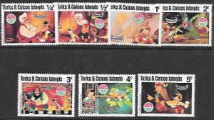 Topical. Disney. Turks and Caicos.#442-448  Pinocchio. Christmas 1980
