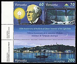 Vanuatu 709a, MNH, 150th Anniversary Birth of Thomas Edison block of 3