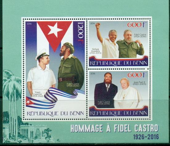 BENIN - 2016  - In Memoriam, Gagarin, Castro, John Paul II - Perf 3v Sheet - MNH