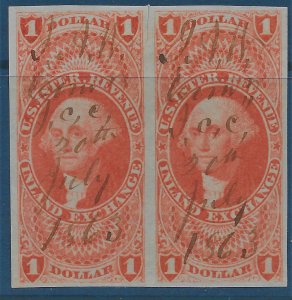 US 1862-71 Sc. #R69a pair, 6 mm scissor cut between stamps at top.