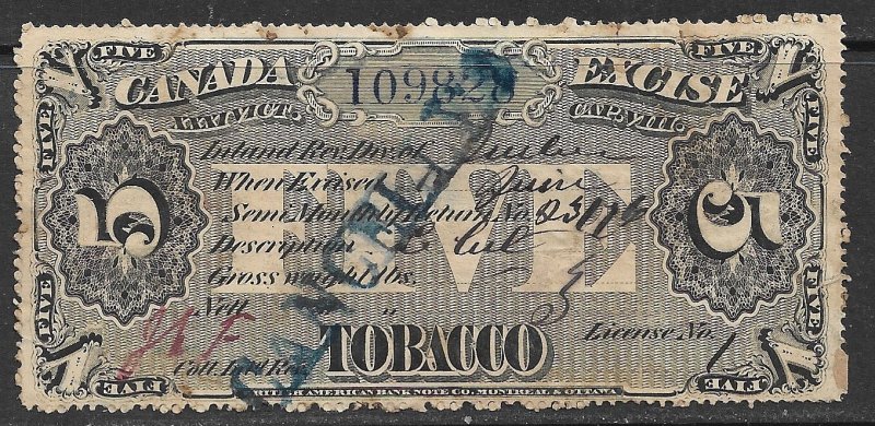 CANADA TOBACCO EXCISE Series of 1870 5lb Black TAX PAID REVENUE Used M-200