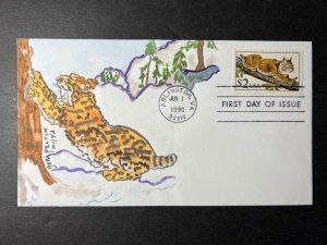 1990 USA First Day Cover FDC Arlington VA No Address Hand Drawn Bobcat Stamp 64