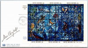 UNITED NATIONS MARC CHAGALL STAINED WINDOW MURAL SHEET W/ FACSIMILE SIGNATURE