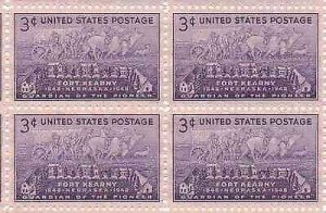 1948 Fort Kearny Block of 4 3c Postage Stamps, Sc# 970, MNH, OG