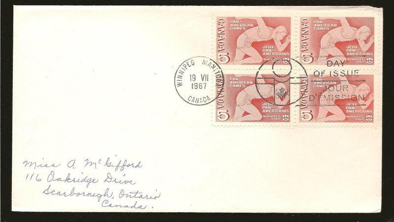 Canada 472 Pan American Games Block of 4 1967 First Day Cover