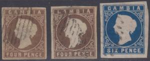 BC GAMBIA 1869 QV Sc 1, 1a & 2 FULL SET OF FORGERIES MUTE CANCELS (CV$720) 