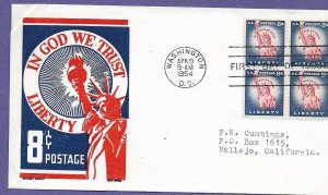 1041 STATUE OF LIBERTY 8c BLK/4, 1954 CACHET CRAFT FIRST DAY COVER, ADDRESSED.