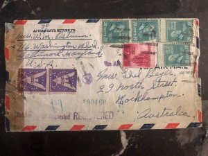 1943 Baltimore MD USA Censored Airmail Cover To Rockhampton Australia