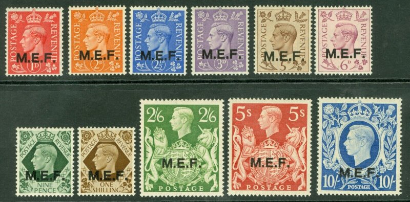 SG M11-M21 M.E.F. 1943-47. 1d-10/- set of 11. Lightly mounted mint CAT £90