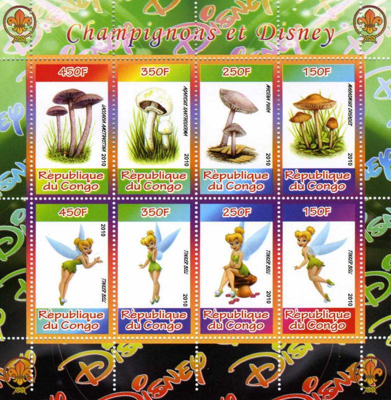 Congo 2010 MUSHROOMS & Tinker Bell Sheet (8) Perforated Mint (NH)