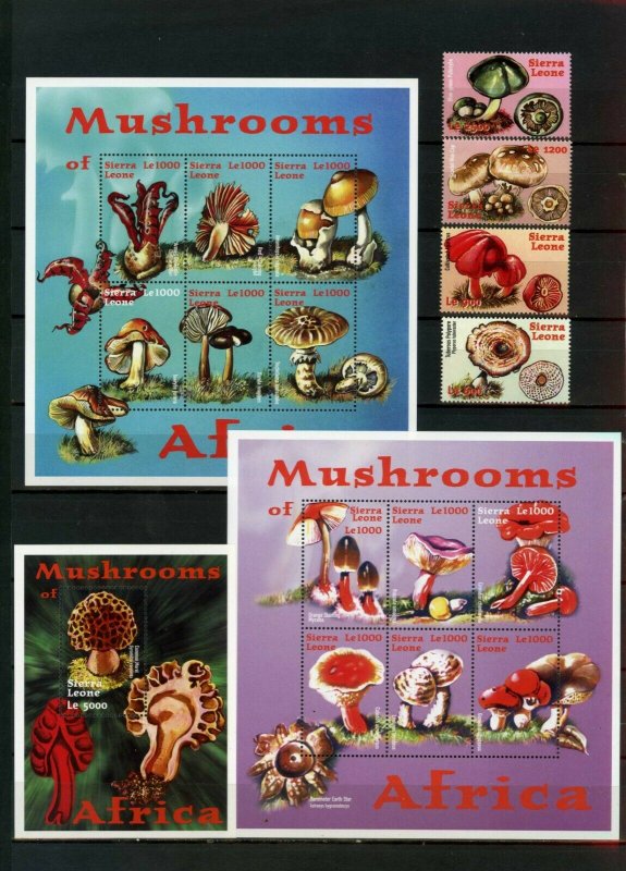 SIERRA LEONE 2000 MUSHROOMS SET OF 4 STAMPS, 2 SHEETS OF 6 STAMPS & S/S MNH