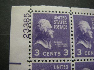 Scott 807, 3c Thomas Jefferson, PB4 #23385 x4, Matched Set, MNH Prexie Beauties