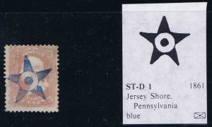 US 65 USED 3c BLUE 5 PT STAR CTR CIRCLE & DOT FANCY CCL OF JERSEY SHORE PA 1...