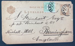 1886 Temesvar Hungary Postal Stationery postcard Cover To Birmingham England