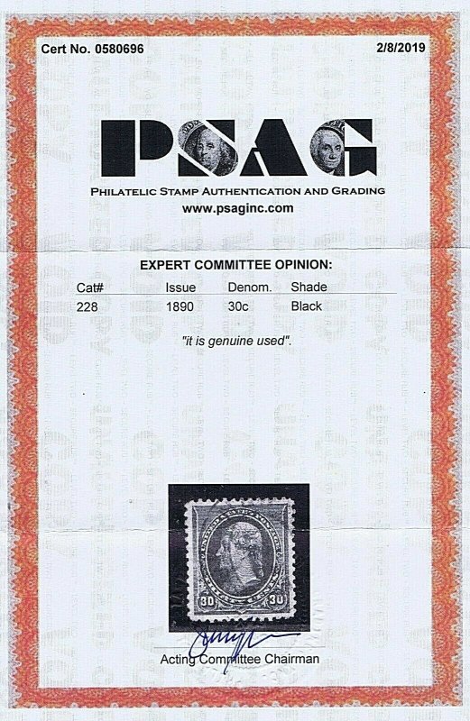 SC# 228 USED 30 CENT JEFFERSON 1890, PARTIAL DOUBLE OVAL CANCELS, 2019 PSAG CERT