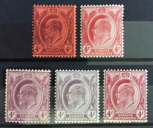 MALAYA Straits Settlements 1904-12 KEVII 4c MCCA Varieties MINT M4011