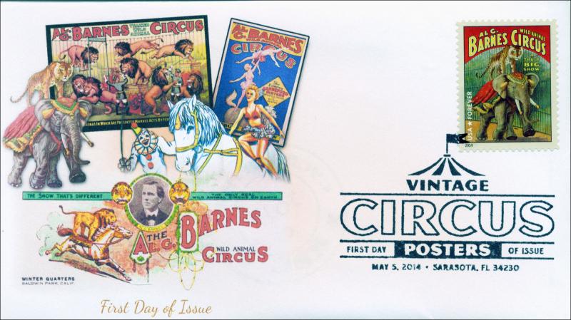 SC 4901, 2014 Circus Posters, Al G. Barnes, FDC, B/W Postmark 14-067
