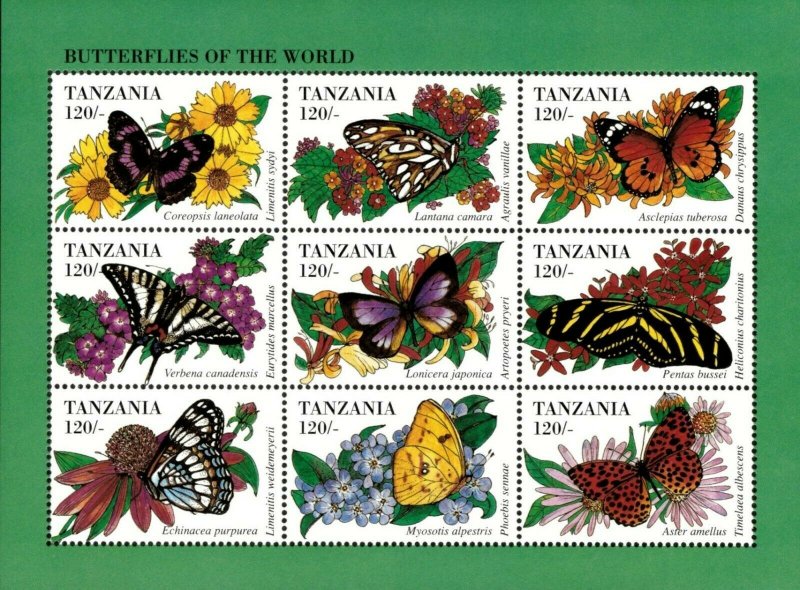 Tanzania 1995 - Butterflies Flowers - Sheet of 9 stamps - Scott #1244 - MNH