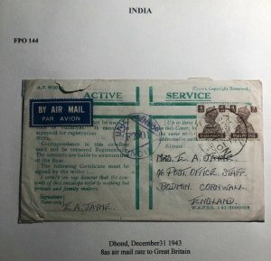 1943 Dhond India Censored On Active Service Cover To Bodmin England