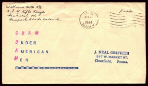 31 Aug 1944 WWII Patriotic Cover Guam Under American Griffith Sherman 3163