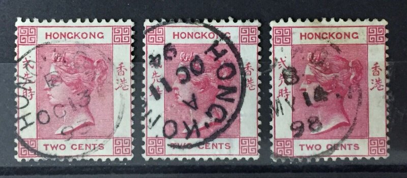 HONG KONG 1882 QV 2c 3V Varieties wmk CA Used HK4581