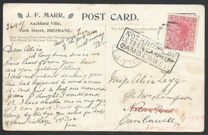 VICTORIA 1907 postcard NOT KNOWN BY LETTER CARRIER CAMBERWELL..............63729