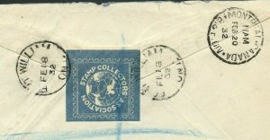 Nice Cinderella Stamp Collectors Ass, tied on back 1932 cover Canada