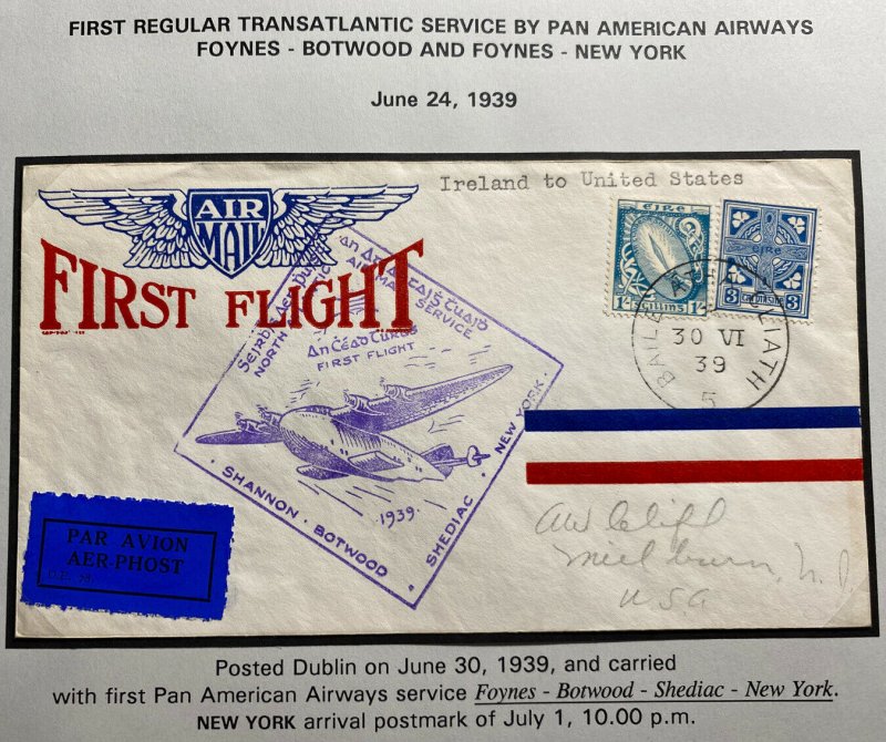 1939 Dublin Ireland First Flight Airmail Cover To New York Usa North Atlantic