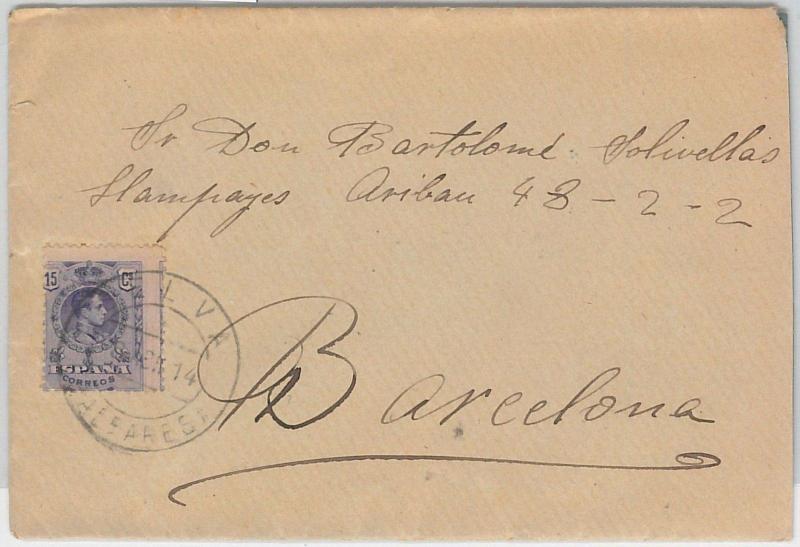 55919  SPAIN - POSTAL HISTORY: COVER from SELVA (Baleares) OFF CENTER stamp 1914