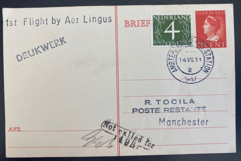1947 Amsterdam Netherlands first Flight PC Cover to Manchester Aer Lingus