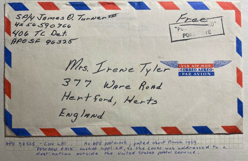 1969 USA Forces In VietNam Army PO Airmail Cover To Hartford England