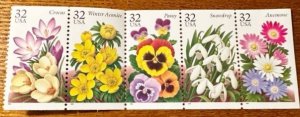 US# 3029a Garden Flowers Booklet Pane of 5 stamps 1996 Mint NH