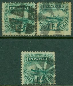 EDW1949SELL : USA 1869 Sc #117. 3 stamps Used Fancy cancels All Sound. Cat $375+