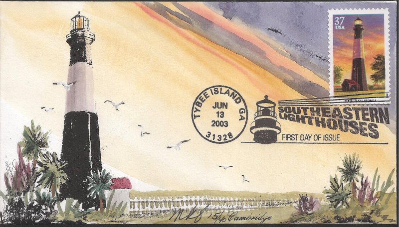 Set of 5 Cambridge Hand Painted FDCs for the 2003 Southeastern Lighthouses Issue