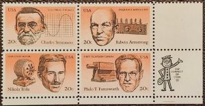 US Scott # 2055-2058; 20c Inventors from 1983; zipblk of 4; MNH, og; VF/XF