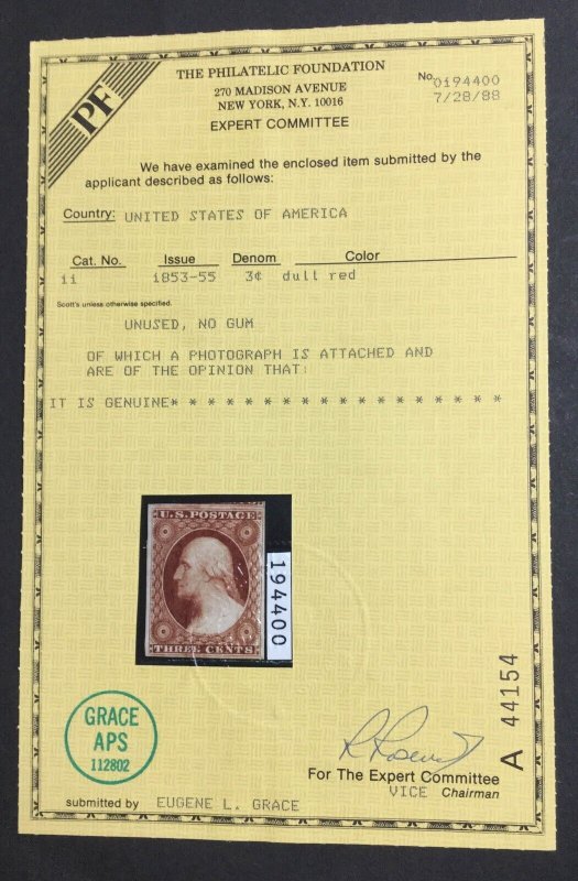 MOMEN: US STAMPS #11 UNUSED XF+ PF CERT LOT #88933