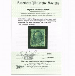 VERY AFFORDABLE GENUINE SCOTT #165 USED 1873 ISSUE APS CERT CBNC ON HARD PAPER