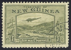 New Guinea 1939 Air Mail £1 olive-green very fine used. SG 225. Sc C59.