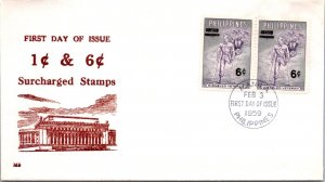 Philippines FDC 1959 - 1c and 6c Surcharged - 2x6c Stamp - Pair - F43233