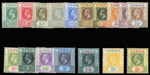 Gambia #70-86 Cat$228.80+ (for hinged), 1912-22 George V, complete set, 5sh n...