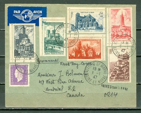 FRANCE 1947 CATHEDRALS #B213-17 + OTHERS on REGISTERED AIR COVER TO CANADA