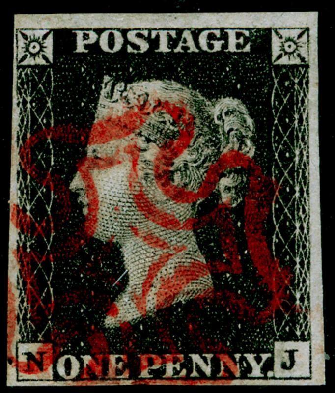 SG2, 1d black PLATE 4, FINE USED. Cat £400. RED MX. 4 MARGINS. NJ