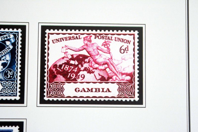 COLOR PRINTED GAMBIA 1869-1965 STAMP ALBUM PAGES (12 illustrated pages)