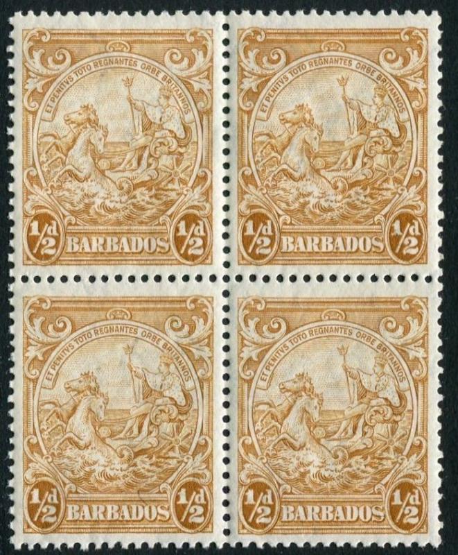 BARBADOS-1942 ½d Yellow-Bistre Perf 13½ x 13 Block of 4, one with recut line 