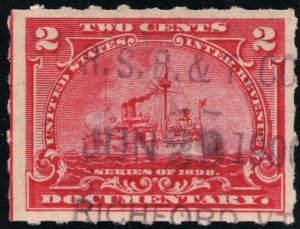 R164p 2¢ Battleship Documentary Stamp: Hyphen Hole  Perf 7 (1898) Date Stamped