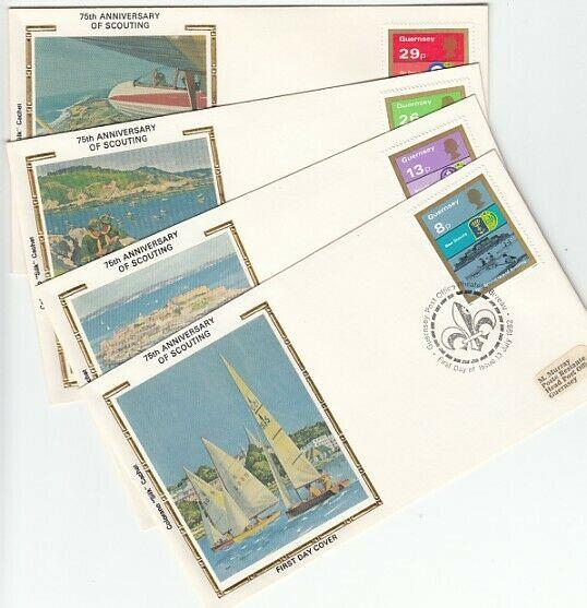 Guernsey, Scott cat. 246-249. Scouting Year. 4 SILK Cachet First Day Covers. ^