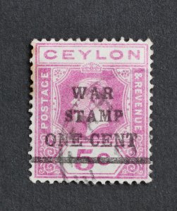 Ceylon Scott # MR4   1c on 5c War Tax   Issued 1918 A44 Perf  14  red violet